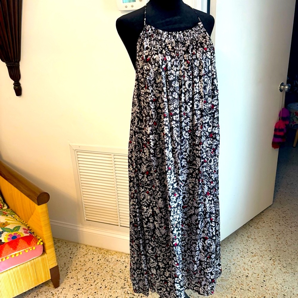 ZARA Black White Print Silky Feel Satin  Backless MIDI Dress! Great condition Lg